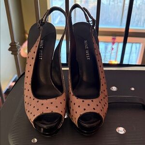 Nine West Pink Polka Dot Peep Toe Slingback Heels with Black Platform